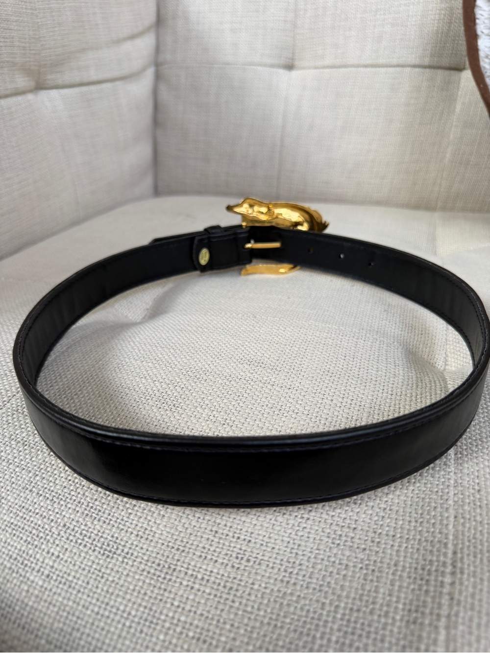 BELT Black Faux Leather Large Gold Tone Metal Crocodile Buckle Statement Glamour - Picture 12 of 17